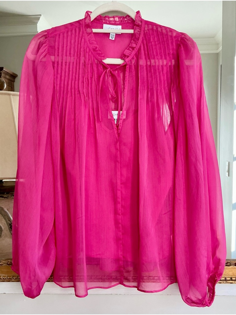Lucy Paris Pink Sheer Pintuck Tie-Neck Blouse